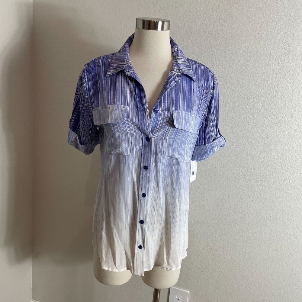 NEW Equipment Womens‎ Medium Biro Blue Multi Short Sleeve 100% Silk Shirt Blouse